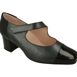 RIKO Zapatos Con Pulsera|Pulsera De Rico Con Ajuste De Velcro En Piel Combiada Metal Charol, Planta Extraible Y Tacon De Base Ancha Negro
