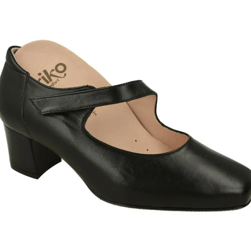 RIKO Zapatos Con Pulsera|Pulsera De Rico Con Tira De Velcro Ajustable En Piel Lisa Con Planta Anatomica Extraible Y Tacon De Base Ancha Negro