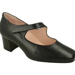RIKO Zapatos Con Pulsera|Pulsera De Rico Con Tira De Velcro Ajustable En Piel Lisa Con Planta Anatomica Extraible Y Tacon De Base Ancha Negro