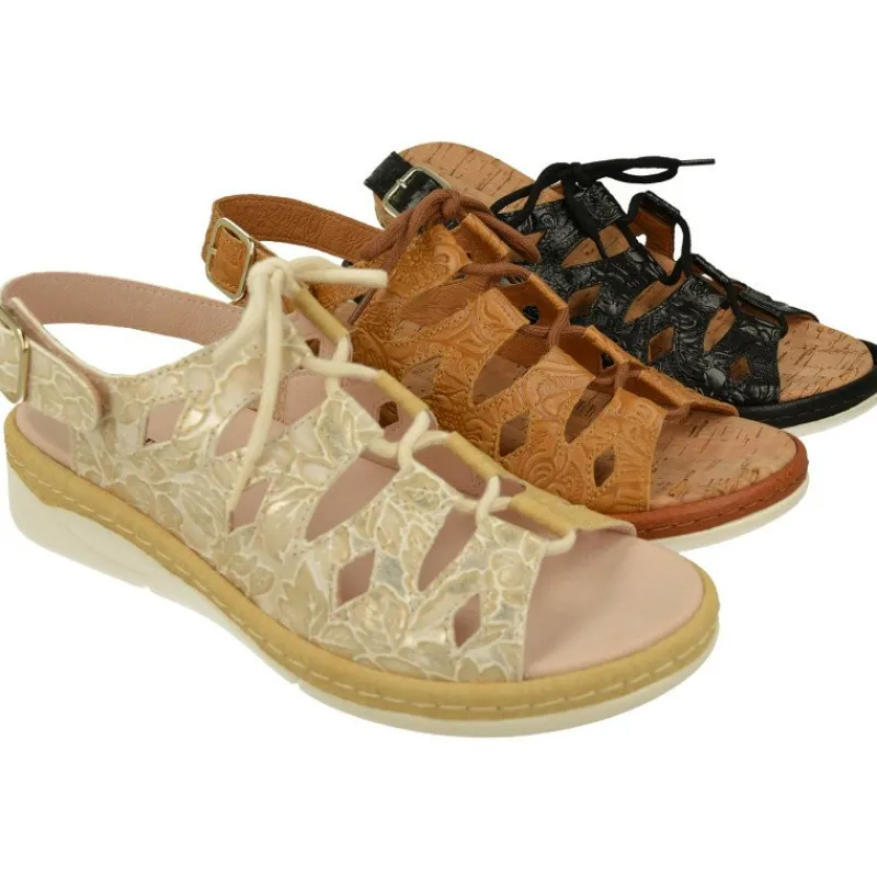 Comfort Class Sandalias|Sandalia De Acordonada Extra Ancha En Piel Grabada, Piso De Poliuretano Y Planta Anatomica Extraible