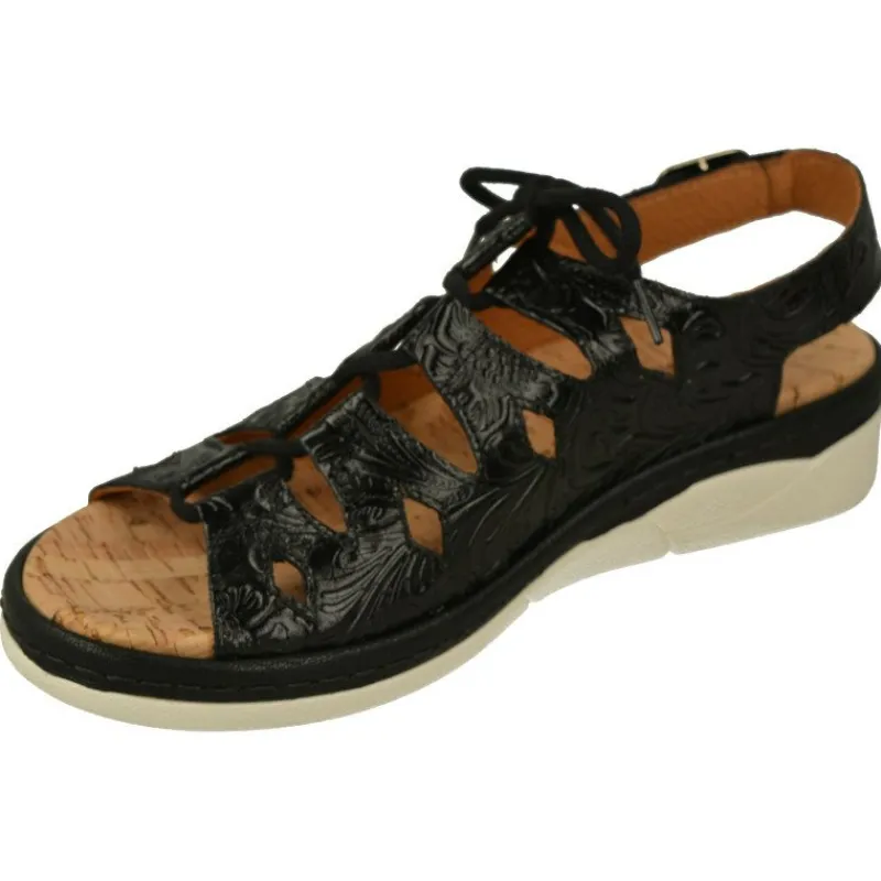Comfort Class Sandalias|Sandalia De Acordonada Extra Ancha En Piel Grabada, Piso De Poliuretano Y Planta Anatomica Extraible