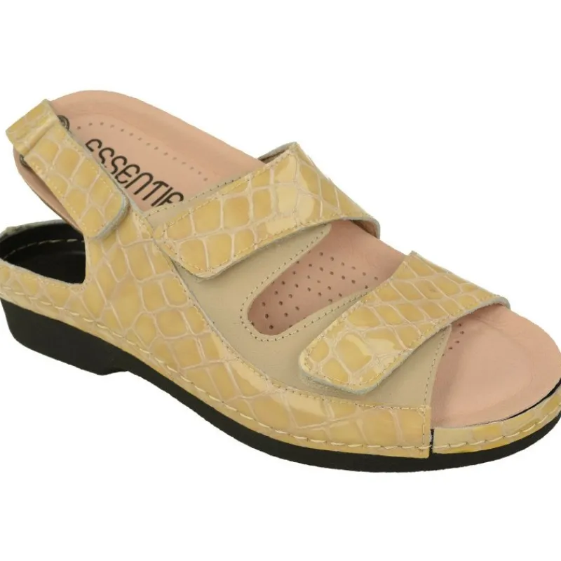 Comfort Class Sandalias|Sandalia De (Essential) En Piel Grabada Charol Con Triple Tira Ajustable De Velcro Y Con Piso De Poliuretano Beige