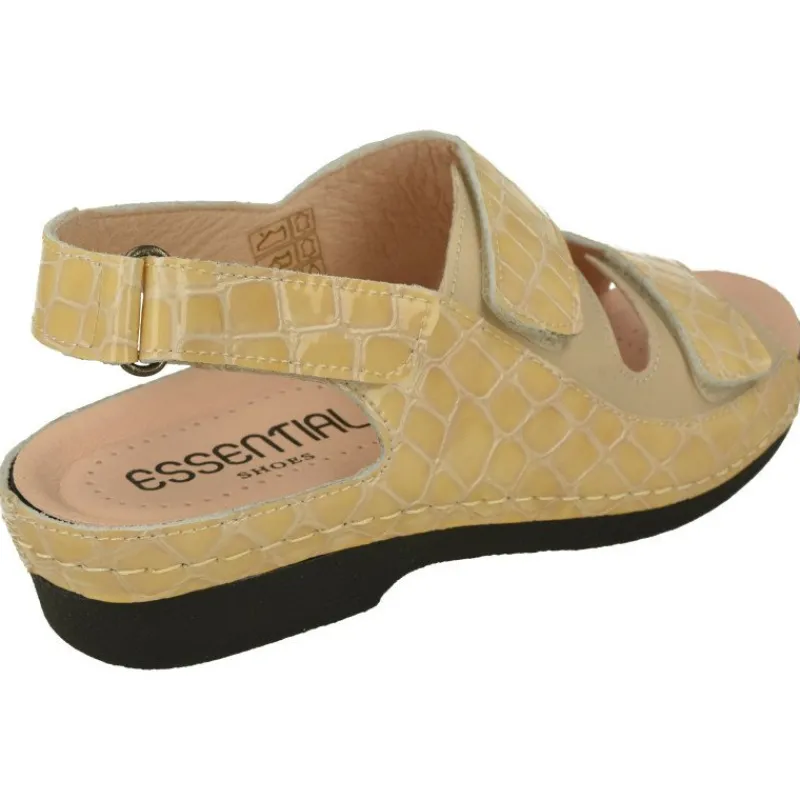 Comfort Class Sandalias|Sandalia De (Essential) En Piel Grabada Charol Con Triple Tira Ajustable De Velcro Y Con Piso De Poliuretano Beige