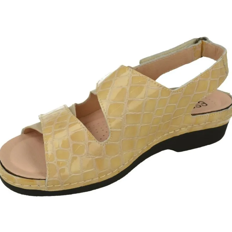 Comfort Class Sandalias|Sandalia De (Essential) En Piel Grabada Charol Con Triple Tira Ajustable De Velcro Y Con Piso De Poliuretano Beige