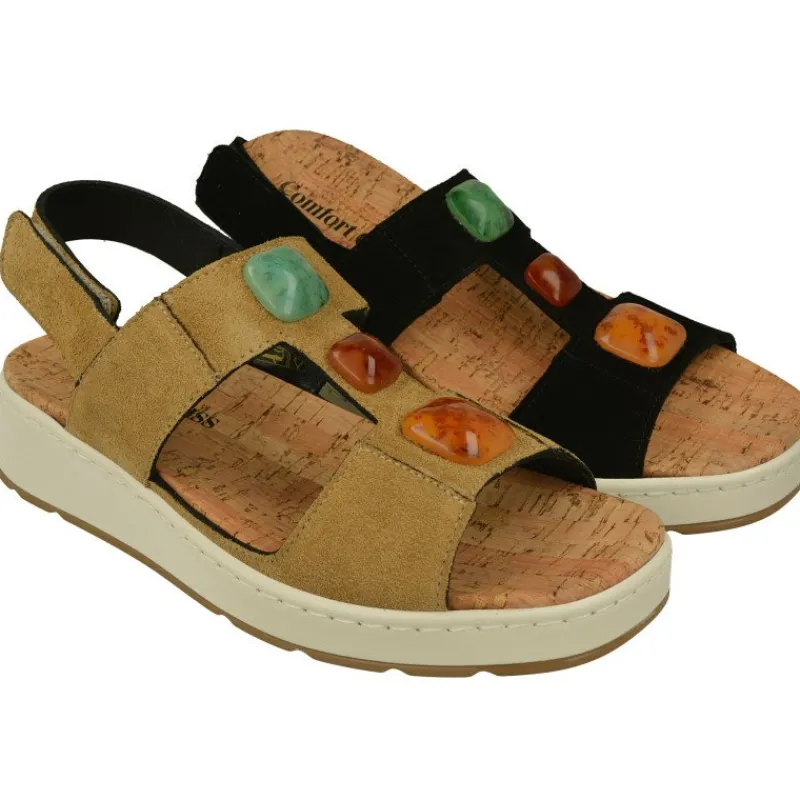 Comfort Class Sandalias|Sandalia De Con Elasticos Y Piedras En Pala, Piel Serraje Y Planta Antomica Extraible Con Piso De Cuna Corrida De