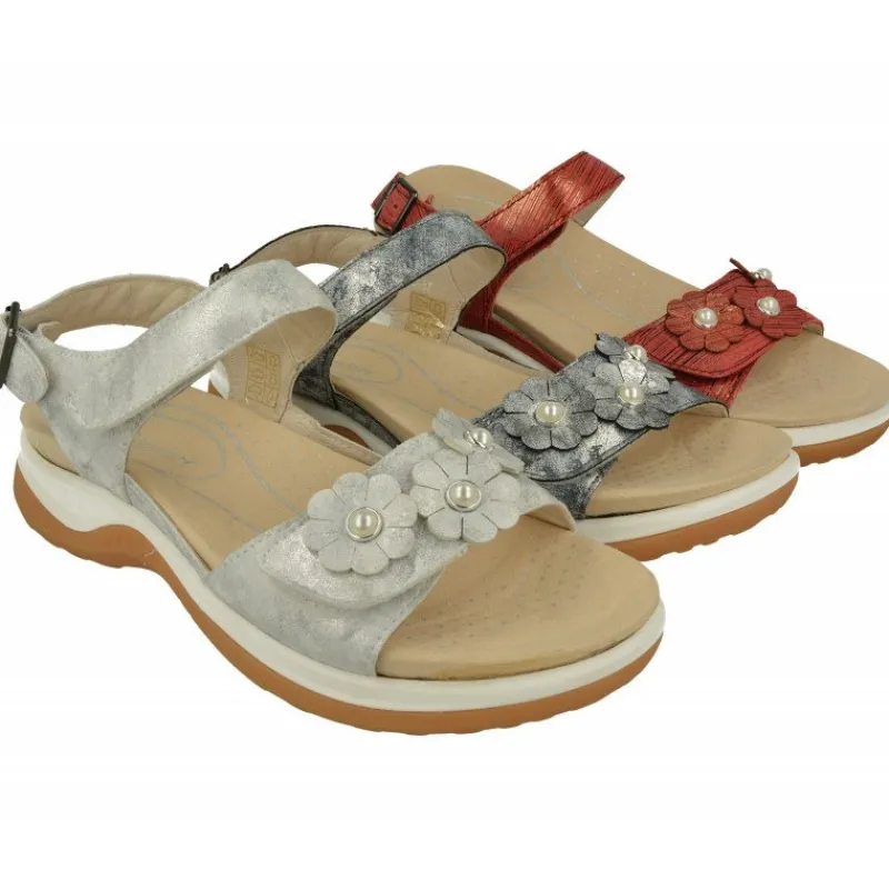 G Comfort Sandalias|Sandalia De De Doble Velcro Con Flor En Pala De Piel Grabada, Planta Anatomica Extraible Y Piso De Caucho