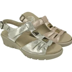 G Comfort Sandalias|Sandalia De En Piel Metalizada Con Tira De Pedreria Y Ajuste Por Velcro Con Piso De Cuna Y Planta Anatomica