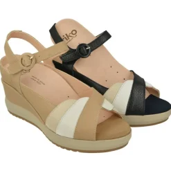 RIKO Sandalias|Sandalia De Rico En Piel Combinada Gamas Beige Con Tira Ajustble Al Tobillo, Planta Anatomica Extraible Y Cuna Forrada Al Tono V