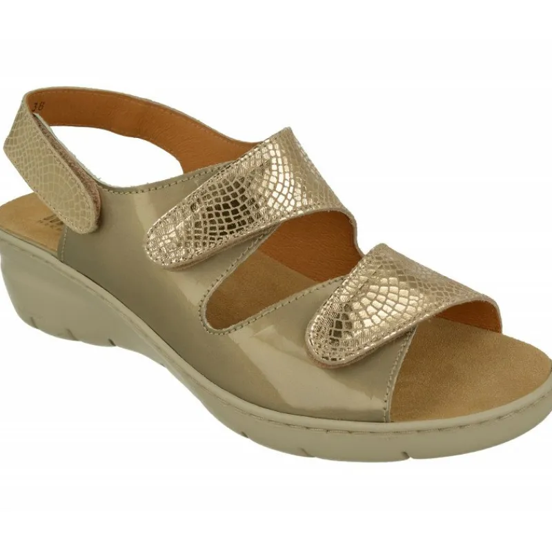 Comfort Class Sandalias|Sandalia De Triple Velcro De Con Piso Aligerado Combinada En Charol Y Grabado Con Planta De Descanso